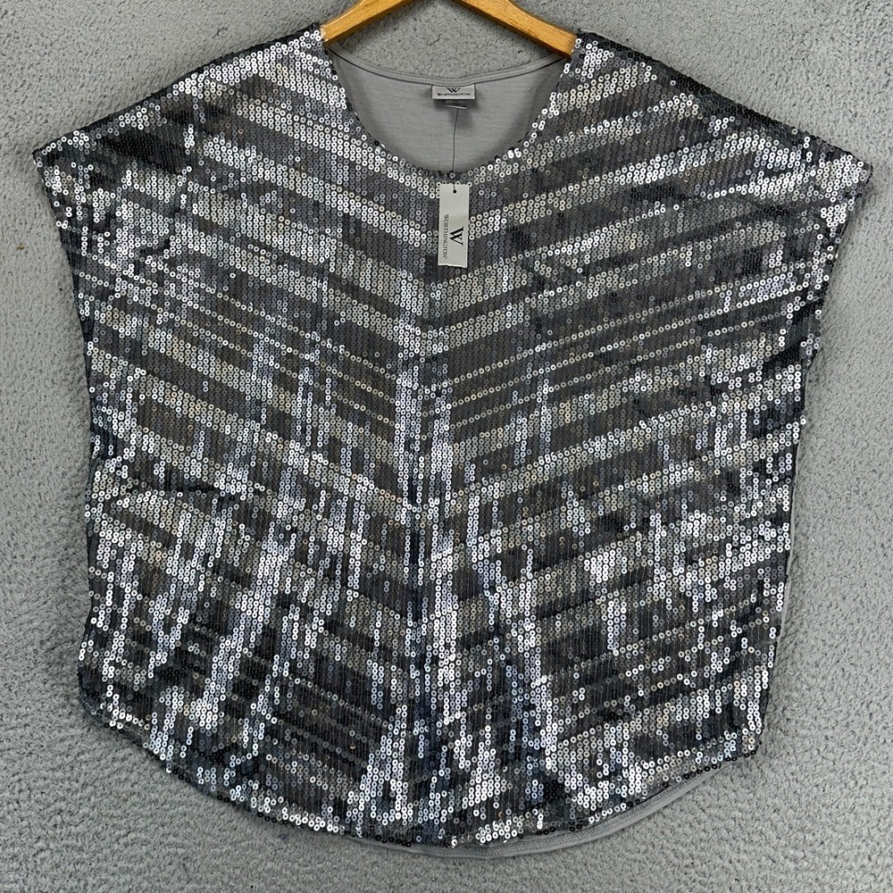 Worthington Womens Sleeveless Blouse XL Gray Sequence Top Stripe Crewneck NEW